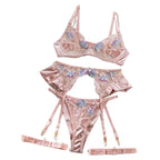 Romantic Blush Pink Satin-Finish Lingerie Set with Blue Floral Appliqués