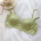 Pleated Satin Balconette Demi Bra and Coordinating Hipster Brief Set with Scalloped Trims