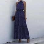 Halter Neck Polka Dot Maxi Dress with Sleeveless A-Line Silhouette