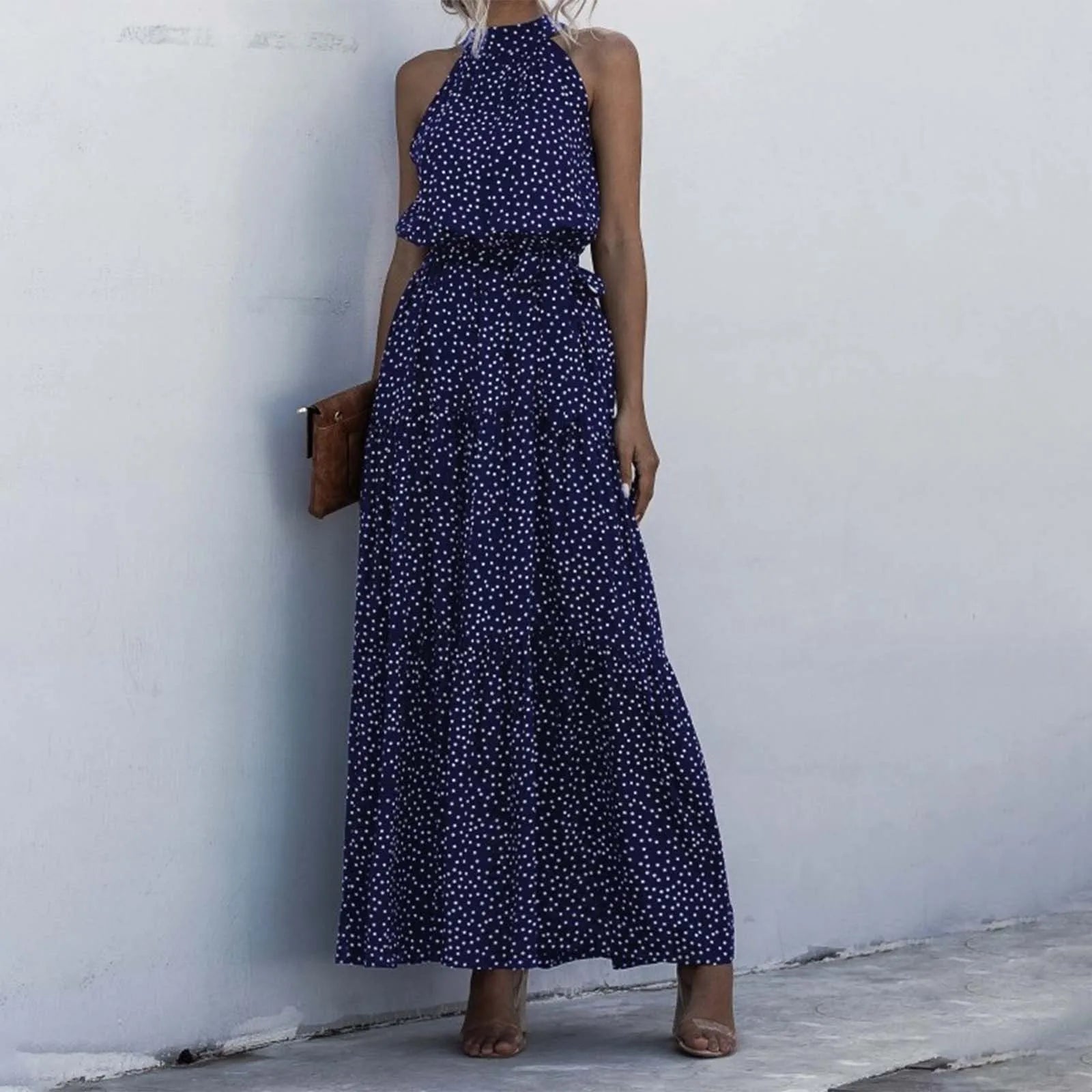 Halter Neck Polka Dot Maxi Dress with Sleeveless A-Line Silhouette