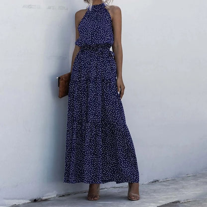 Halter Neck Polka Dot Maxi Dress with Sleeveless A-Line Silhouette