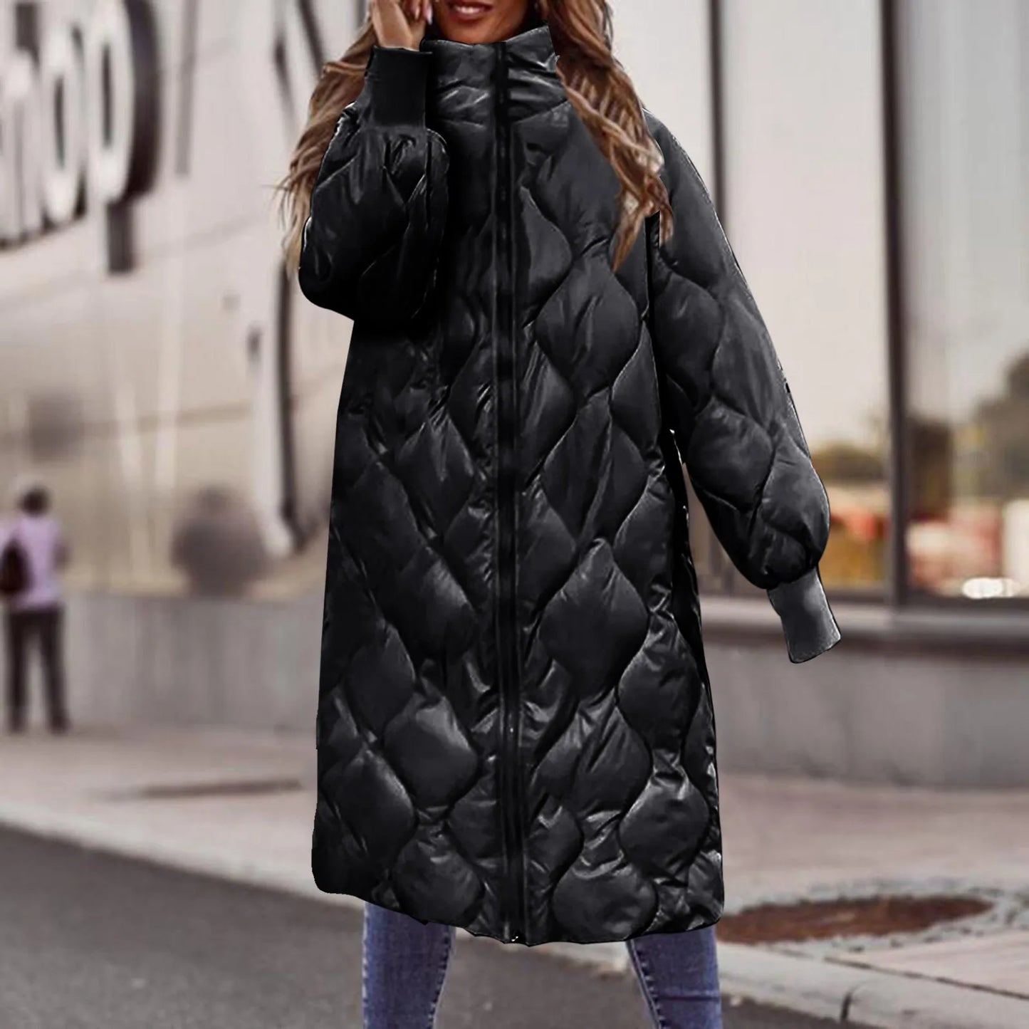 Women's Hooded Quilted Mid-Length Puffer Jacket with Diamond Stitch Streetwear Winter Outerwear