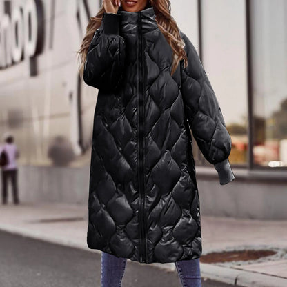 Women's Hooded Quilted Mid-Length Puffer Jacket with Diamond Stitch Streetwear Winter Outerwear