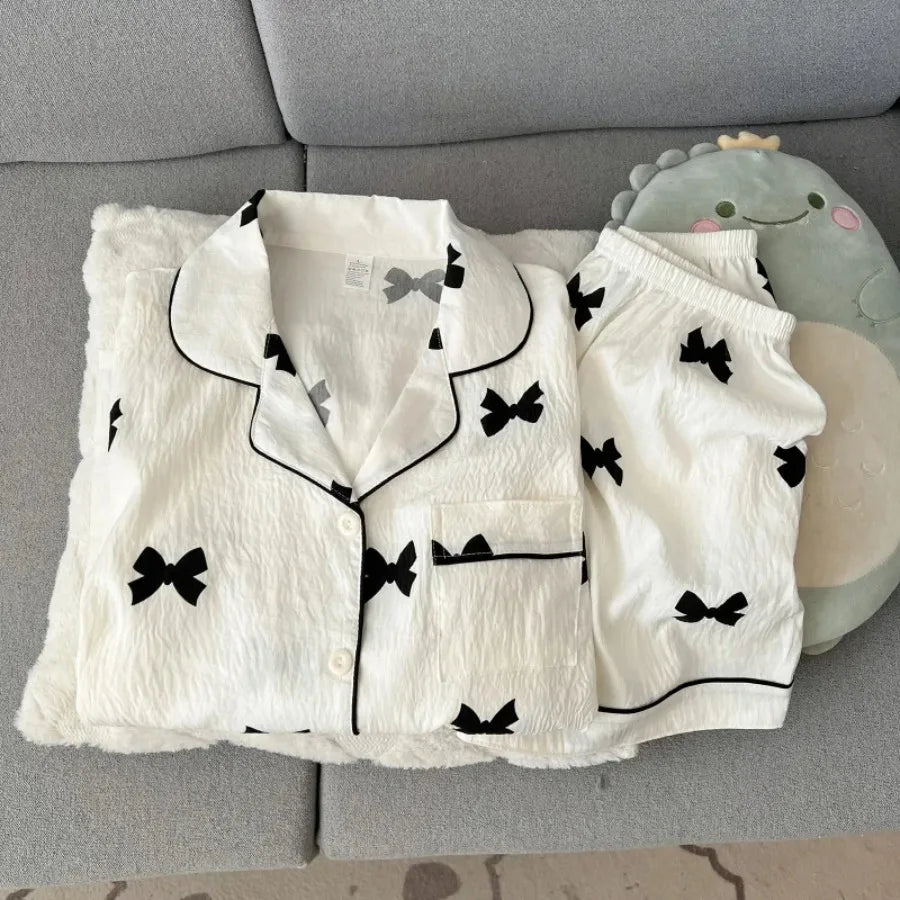 Women's Bow Print Button-Front Pajama Set, Sleeveless Lapel-Style Top and Matching Shorts, Soft Casual Summer Loungewear