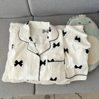 Women's Bow Print Button-Front Pajama Set, Sleeveless Lapel-Style Top and Matching Shorts, Soft Casual Summer Loungewear