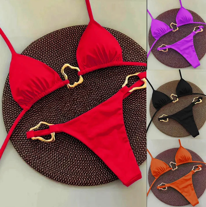 Rich Teal Triangle Bikini with Delicate Metallic Ring Details