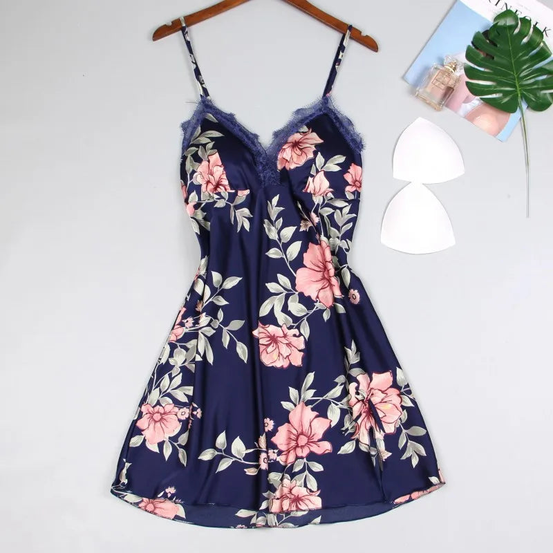 Floral Print Satin-Finish Nightdress with Delicate White Lace Trim