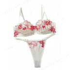 Vibrant Pink Floral Embroidered Sheer Mesh Underwire Bra and Thong Set