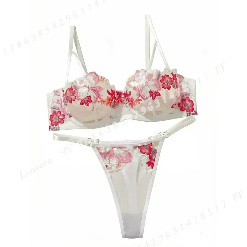 Vibrant Pink Floral Embroidered Sheer Mesh Underwire Bra and Thong Set