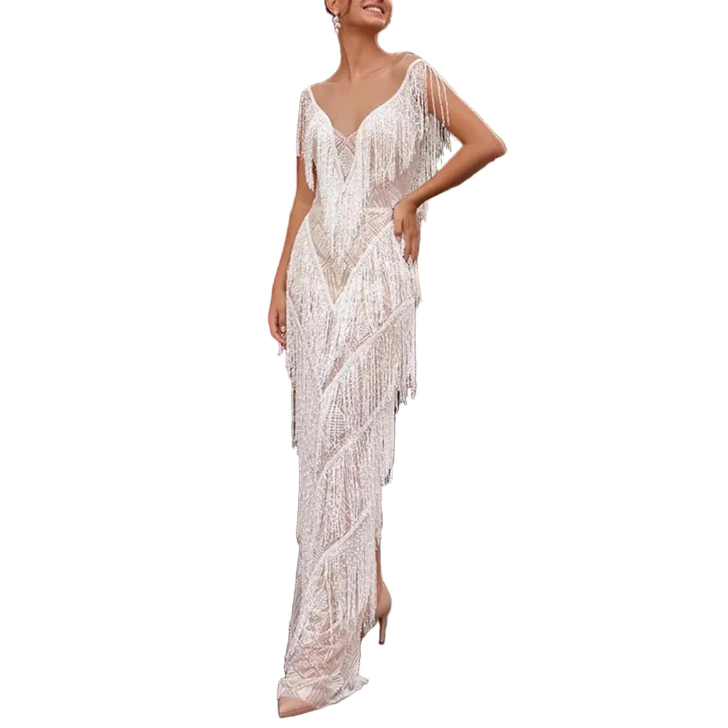 Deep V Neck Sleeveless Maxi Dress with Textured Statement Detailing