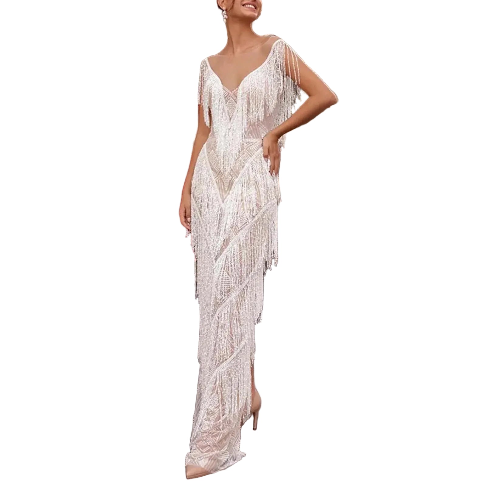 Deep V Neck Sleeveless Maxi Dress with Textured Statement Detailing