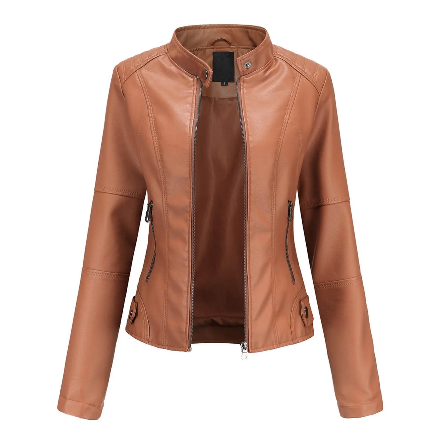 Women's Minimalist Faux Leather Zip Jacket with Stand Collar Contemporary Streetwear Style