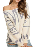 Women's Abstract Pattern Boat Neck Sweater with Relaxed Long Sleeve Fit