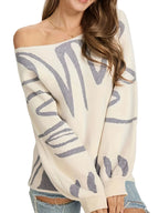 Women's Abstract Pattern Boat Neck Sweater with Relaxed Long Sleeve Fit
