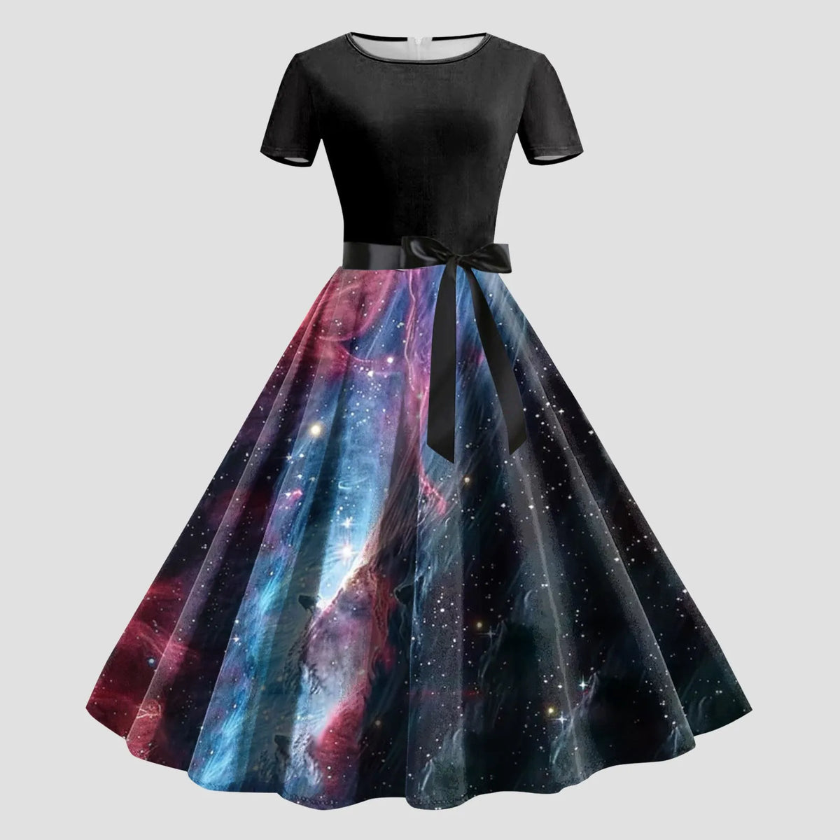 Cosmic Galaxy Print A-Line Swing Dress with Black Bodice and Waist Tie