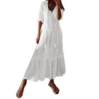 Ruffle Sleeve Eyelet Midi Dress with V Neck and Flowy Silhouette