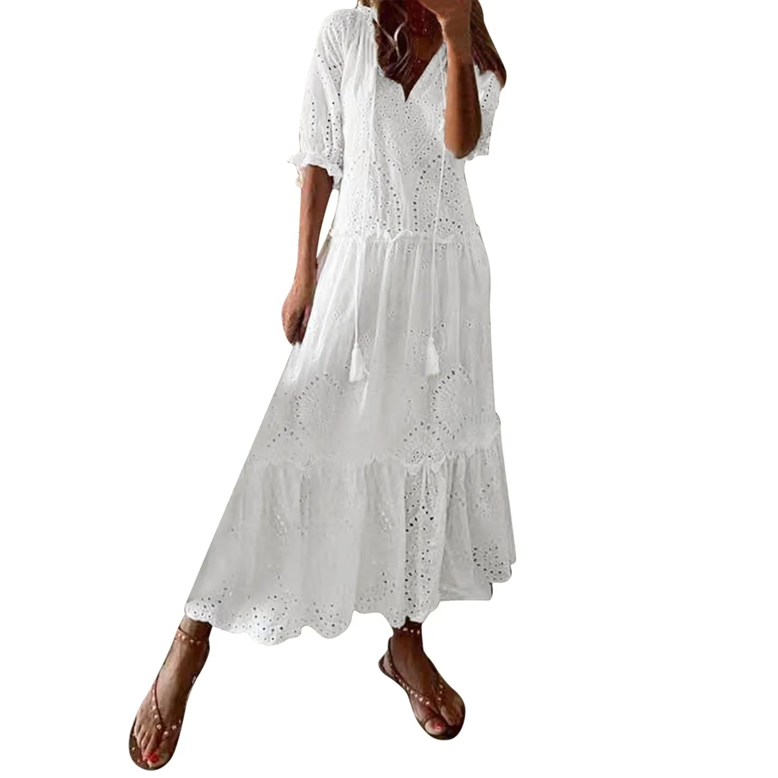 Ruffle Sleeve Eyelet Midi Dress with V Neck and Flowy Silhouette