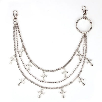 Layered Cross Pendant Waist Chain with Geometric Ring Accents for Alternative Styling