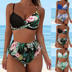 Floral Boho Print Square-Neck Two-Piece Bikini Set with High-Waisted Bottom and Feminine Contrast Detailing