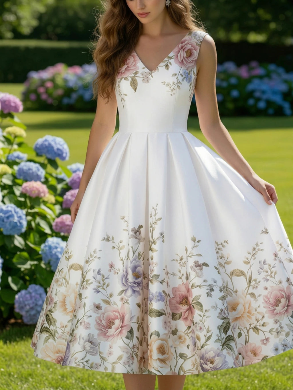 Elegant White Floral Print Swing Dress with V-Neckline and Pleated Skirt