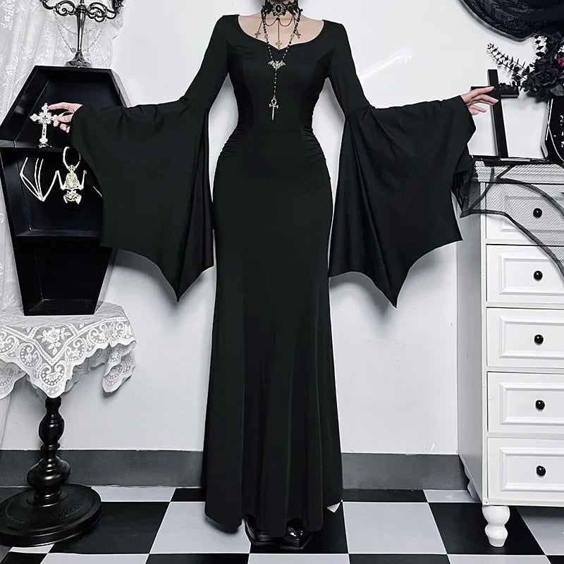 Flowing Gothic Velvet Dress with Dark Alternative Streetwear Elegance