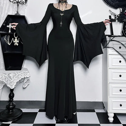 Flowing Gothic Velvet Dress with Dark Alternative Streetwear Elegance