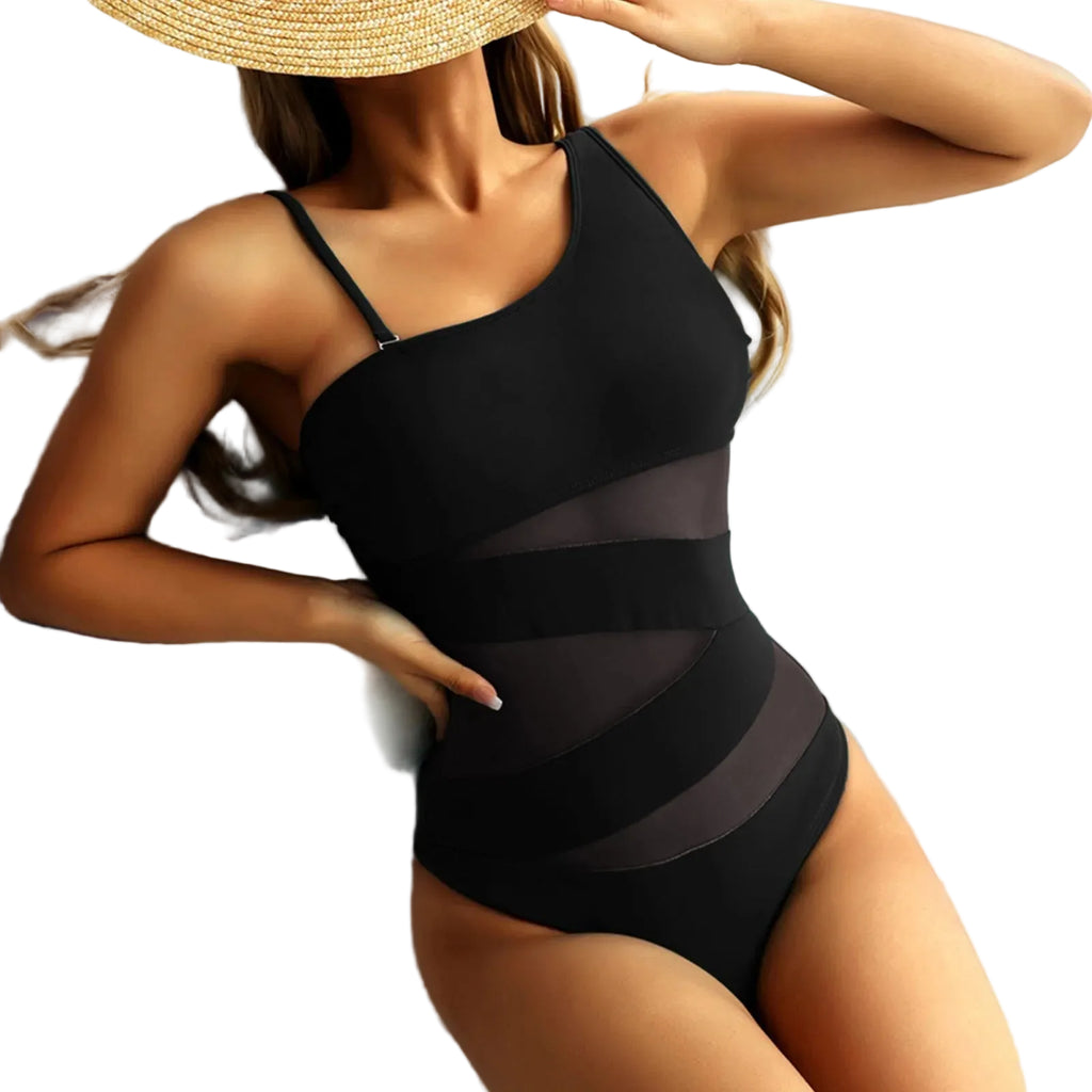 Black Mesh-Panel One-Piece Swimsuit with Asymmetrical Stitching, Padded Cups and Sculpted Beachwear Silhouette