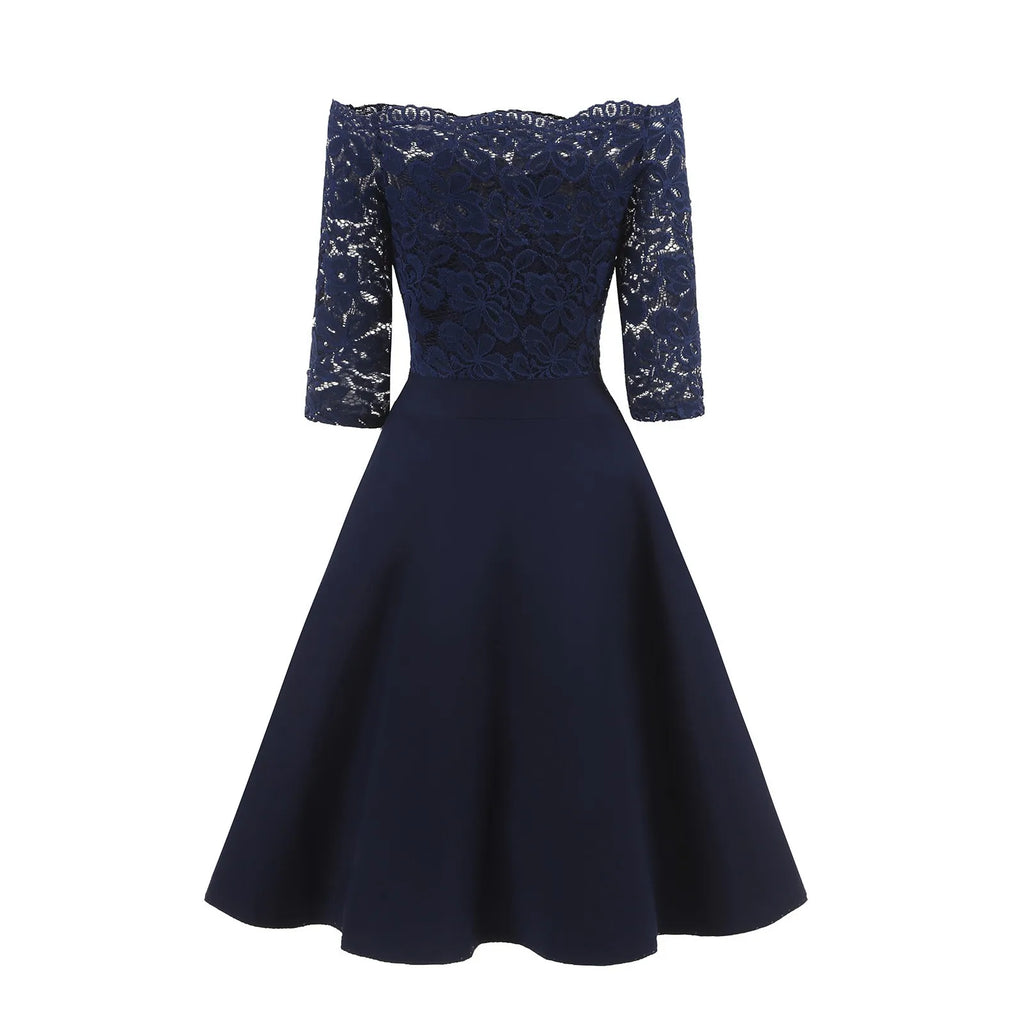 Elegant Burgundy Off-the-Shoulder Dress with Floral Lace Sleeves and Flared Skirt
