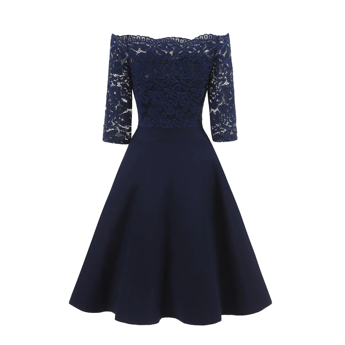 Elegant Burgundy Off-the-Shoulder Dress with Floral Lace Sleeves and Flared Skirt
