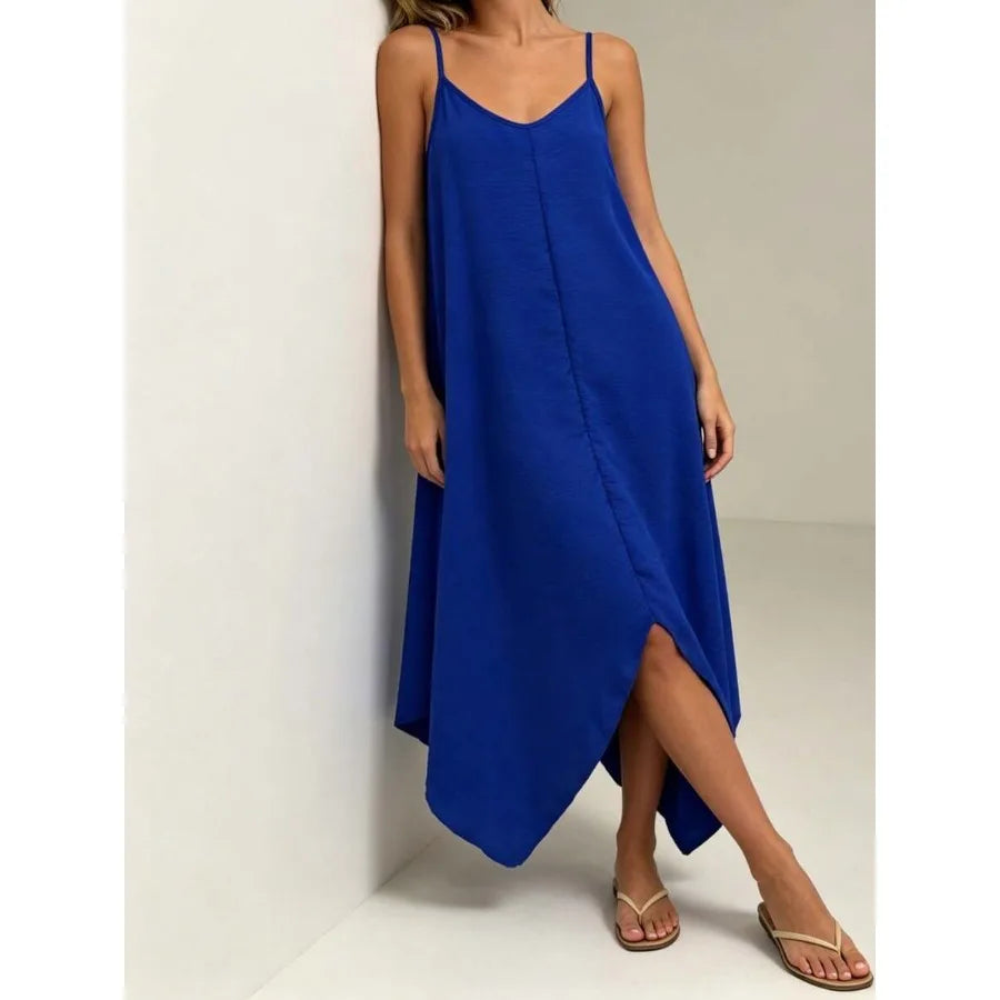 Spaghetti Strap V-Neck Maxi Dress with Relaxed Fit and Asymmetrical Hem