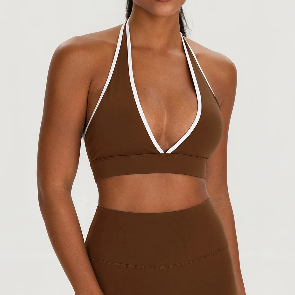 Color-Blocking Deep-V Halter Sports Bra with Contrast Binding