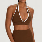 Color-Blocking Deep-V Halter Sports Bra with Contrast Binding