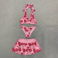Vibrant Pink Floral Halter Bikini Set with Wide Banded Top