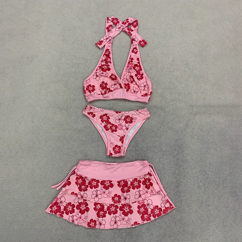 Vibrant Pink Floral Halter Bikini Set with Wide Banded Top