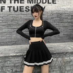 High Waist Pleated Mini Skirt Contrast Trim Alternative Fashion Bottom