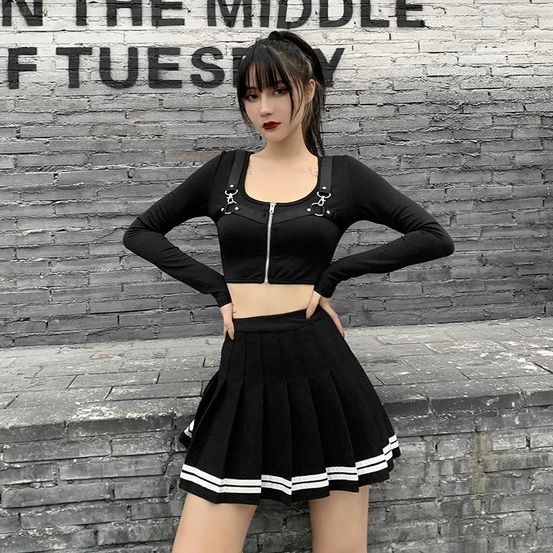 High Waist Pleated Mini Skirt Contrast Trim Alternative Fashion Bottom