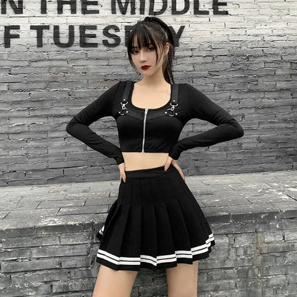 High Waist Pleated Mini Skirt Contrast Trim Alternative Fashion Bottom