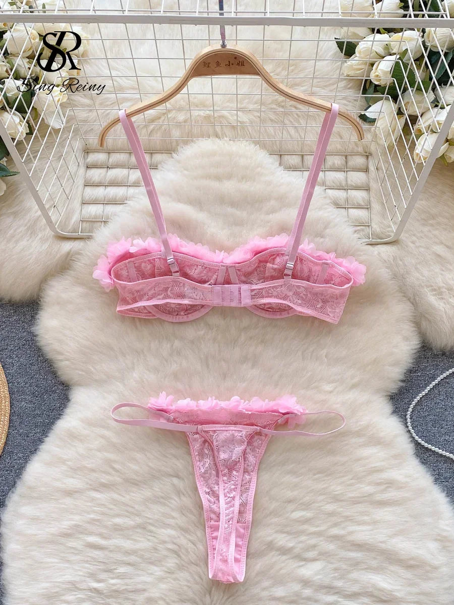Romantic Light Pink Sheer Mesh and Tulle Ruffle Lingerie Set