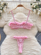 Romantic Light Pink Sheer Mesh and Tulle Ruffle Lingerie Set