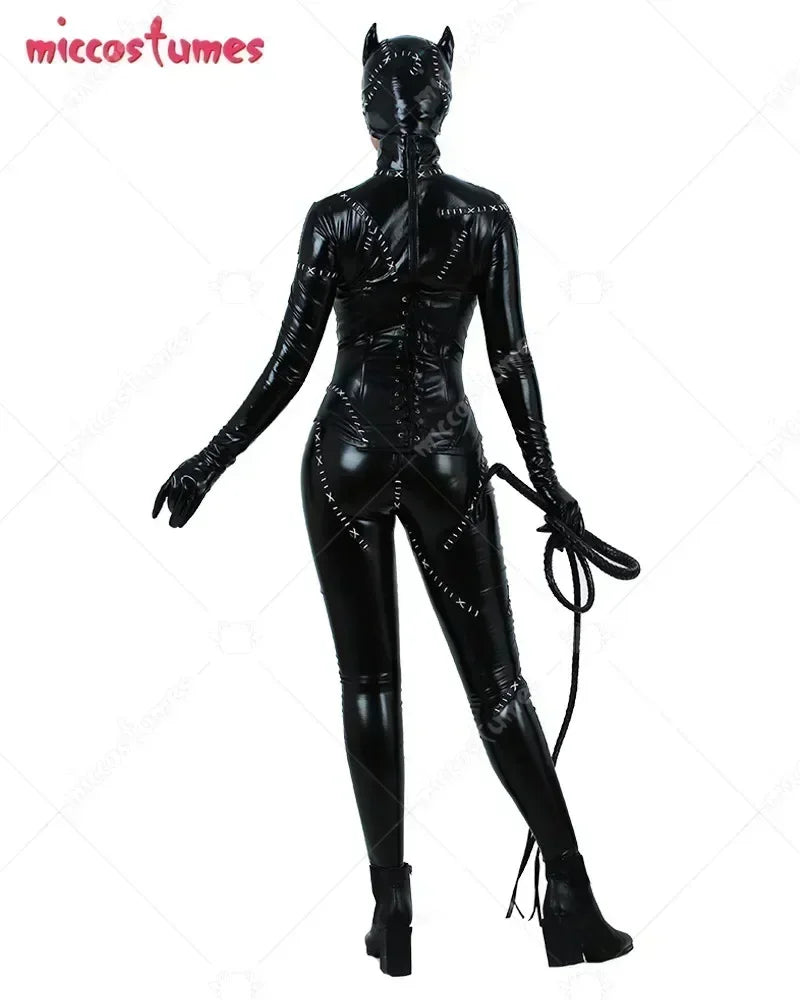 Contemporary Form Fitting High Gloss Faux Leather Jumpsuit With Statement Headwear And Accessories