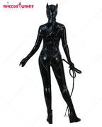 Contemporary Form Fitting High Gloss Faux Leather Jumpsuit With Statement Headwear And Accessories