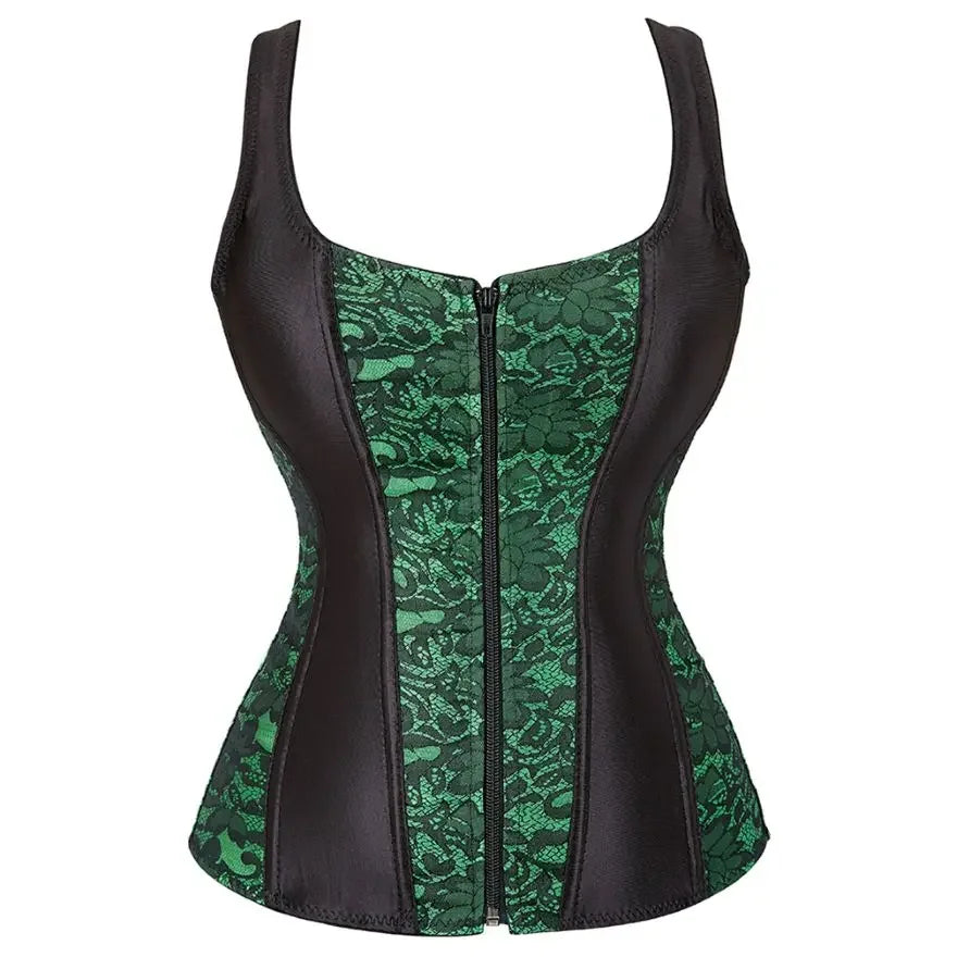 Vintage Floral Tapestry Overbust Corset with Wide Straps and Structured Seaming