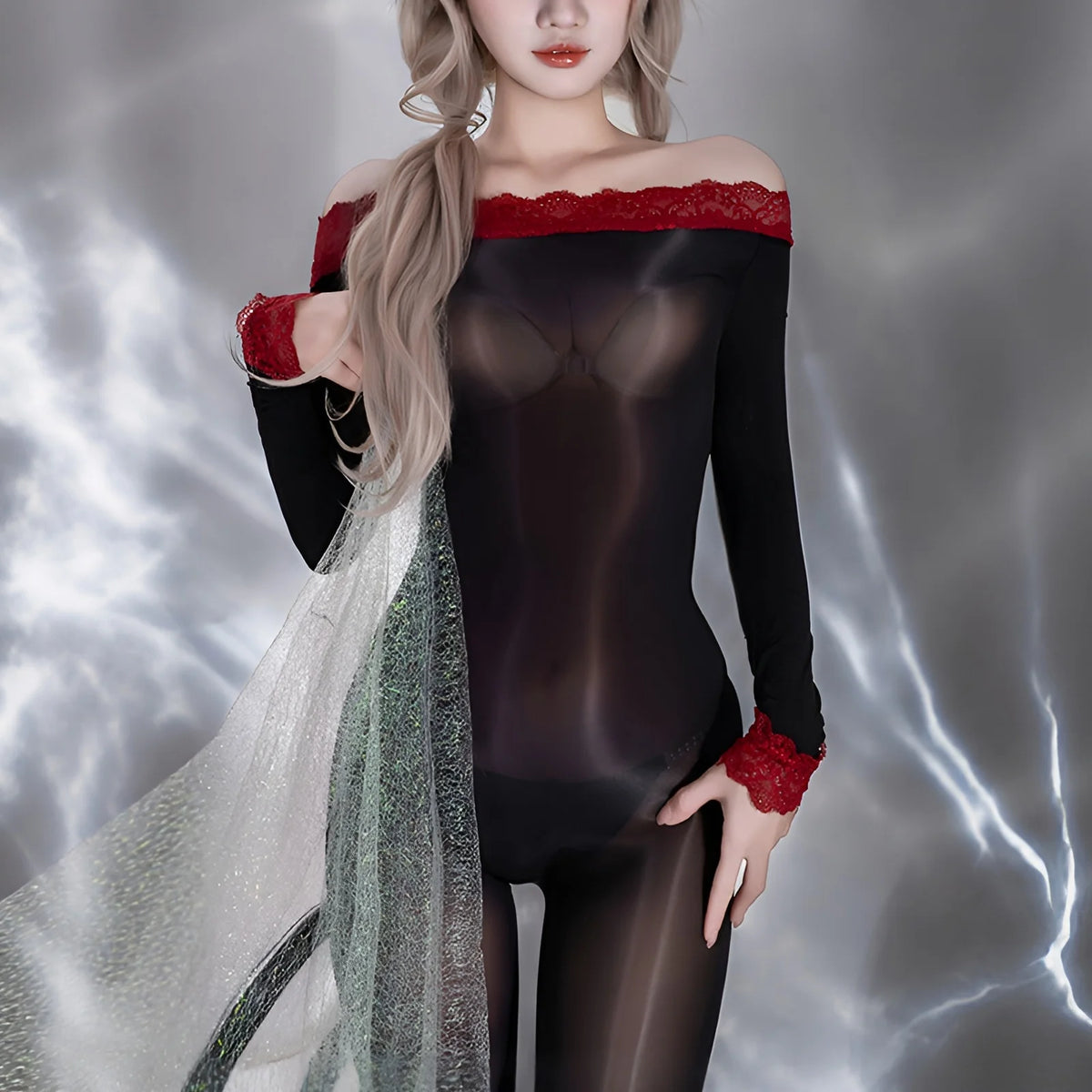 Sheer Black Long-Sleeve Bodysuit with Red Strappy Harness Detailing