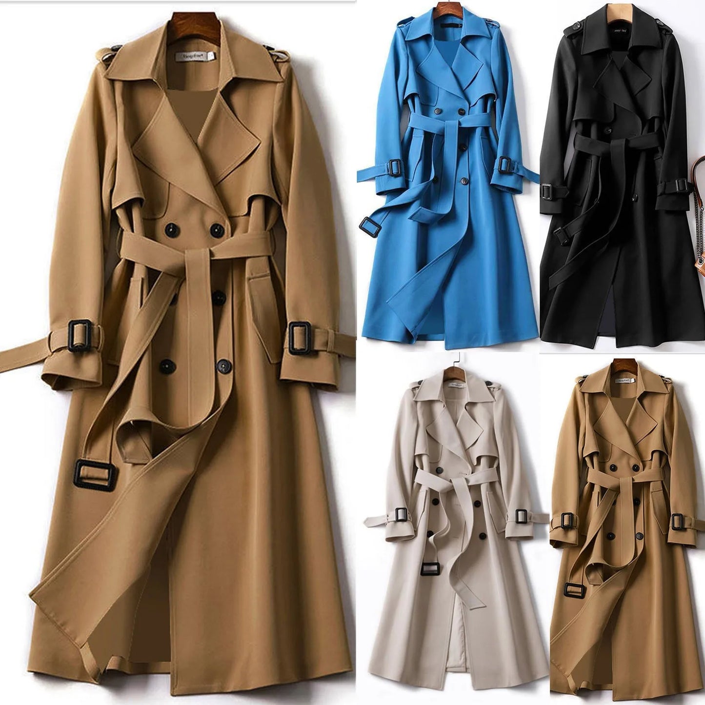 Women's Long Belted Trench Coat with Structured Silhouette for Contemporary Outerwear Styling