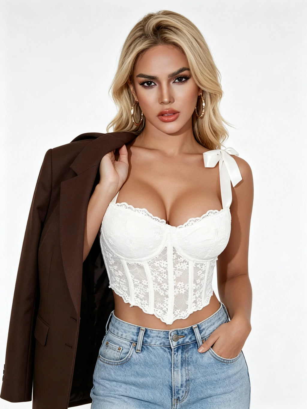 Romantic White Lace Bustier Top with Ribbon Tie Straps and Structured Silhouette