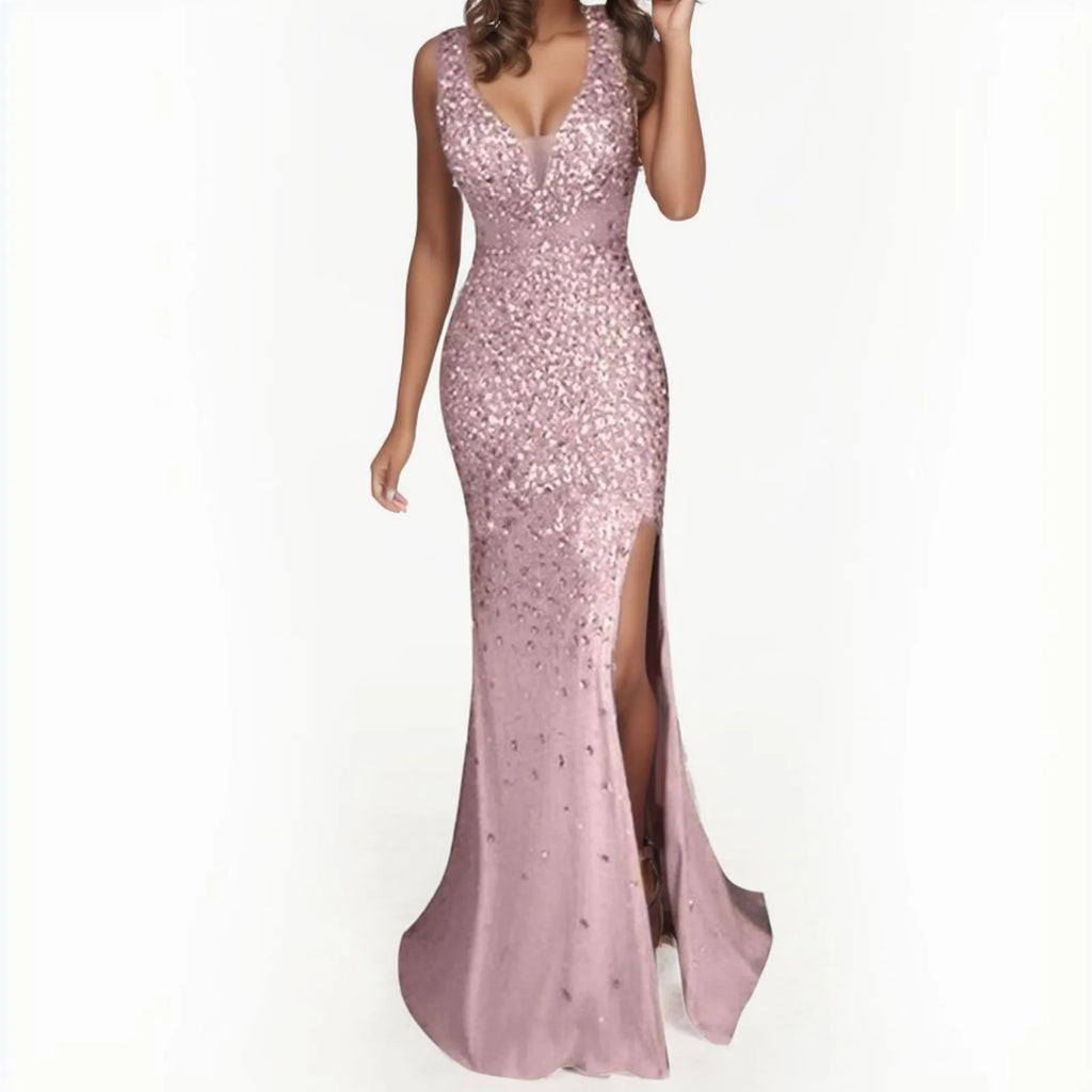 Textured Sequin Maxi Dress With Sculpted Fit And Side Slit