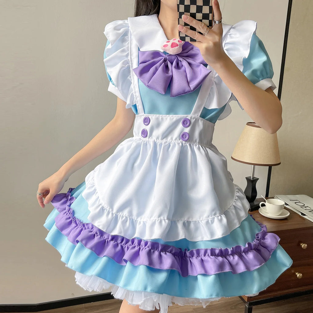 Pastel Tri-Color Lolita Maid Dress with Tiered Ruffles and Purple Bow Accent