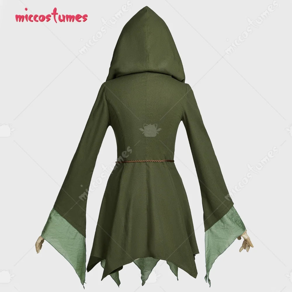 Women's Renaissance-Inspired Linen Blend Dress with Bell Sleeves and Adjustable Waist Belt