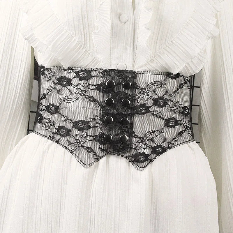 Sheer Lace Corset Belt with Lace-Up Front and Structured Waist Design
