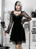 Velvet Gothic Skater Dress with Lace Sleeves and Dark Romantic Style